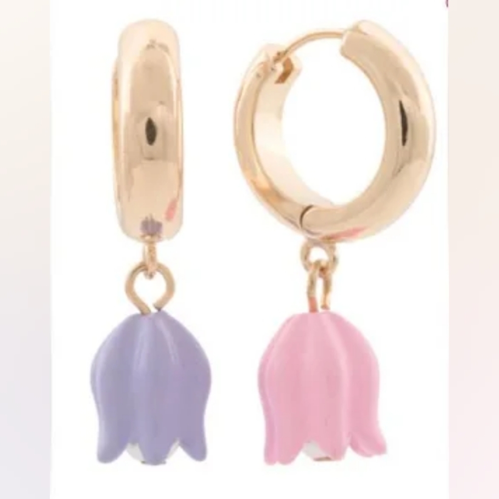 🌷 Nwt New Betsey Johnson Pink & Lavender Tulip Gold Tone Huggie Earrings Spring